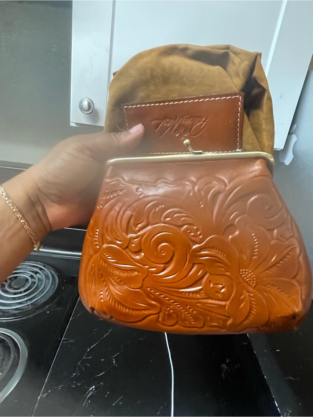 Patricia Nash Embossed Floral Leather Clutch in Cognac Brown